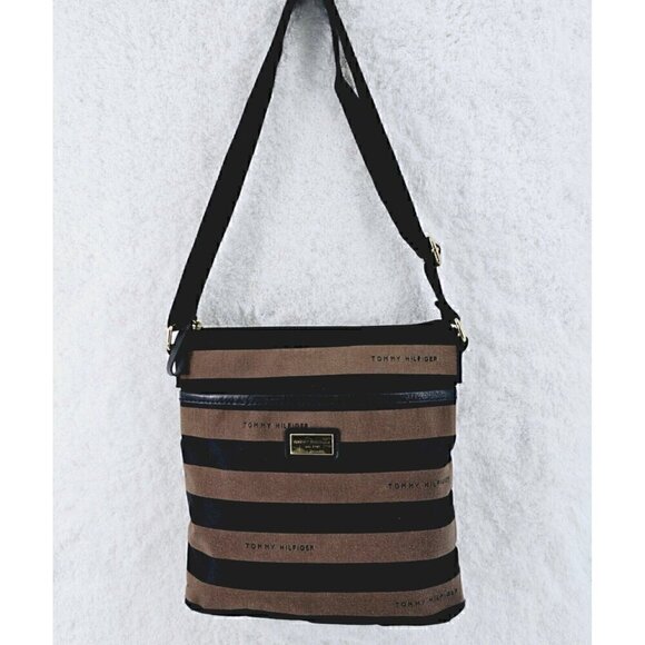 Tommy Hilfiger Brown and Black Striped Sateen Twill Fabric Crossbody - Picture 1 of 15